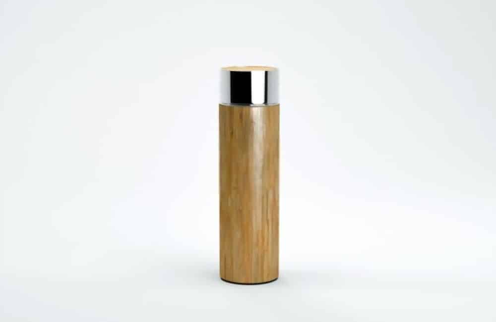 gourde en bambou de forme cylindrique avec capuchon en acier